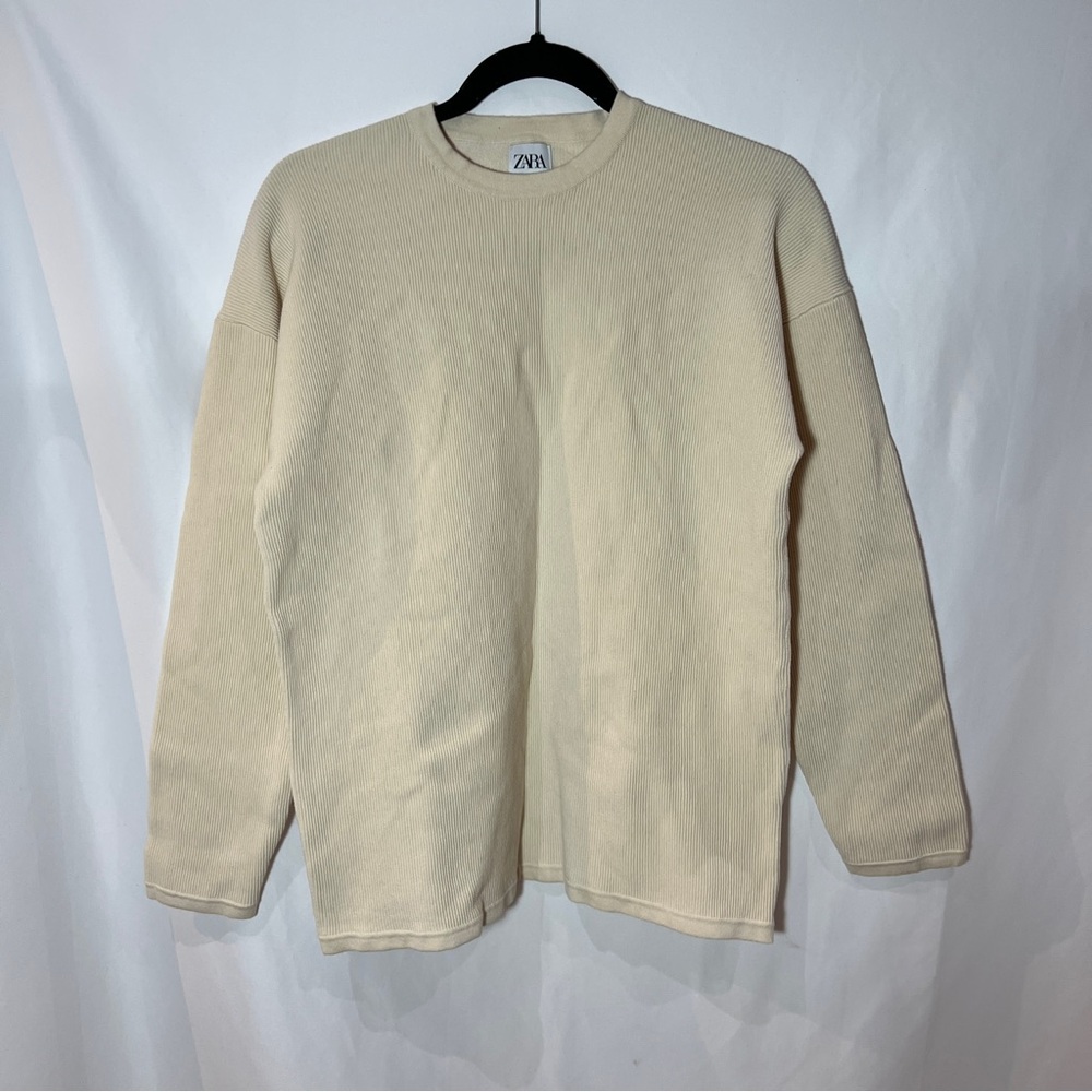 ZARA Mens Beige Ribbed Knit Pullover Sweater Size M Cotton Blend Cream